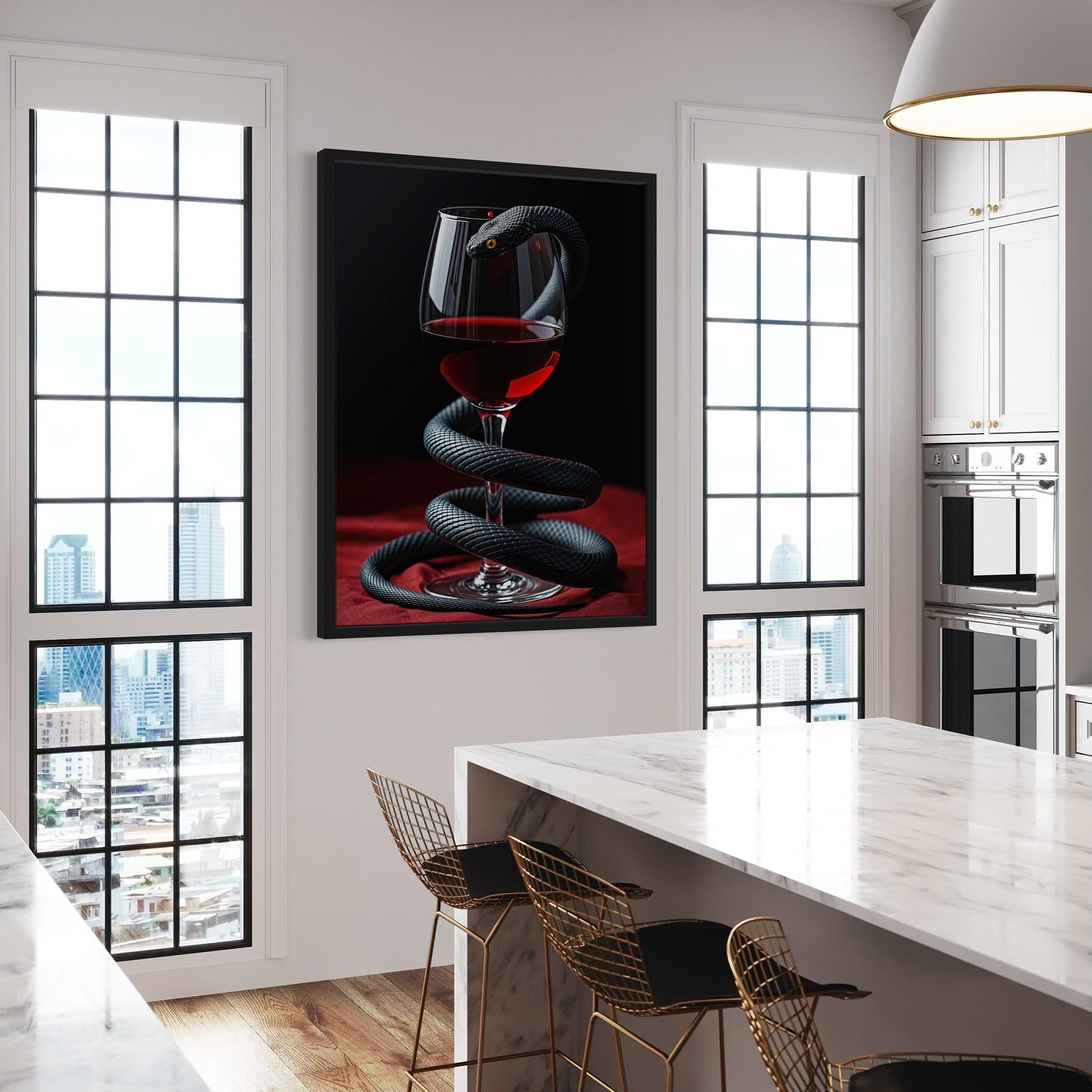 Framed snake and wine artwork displayed above contemporary dining table