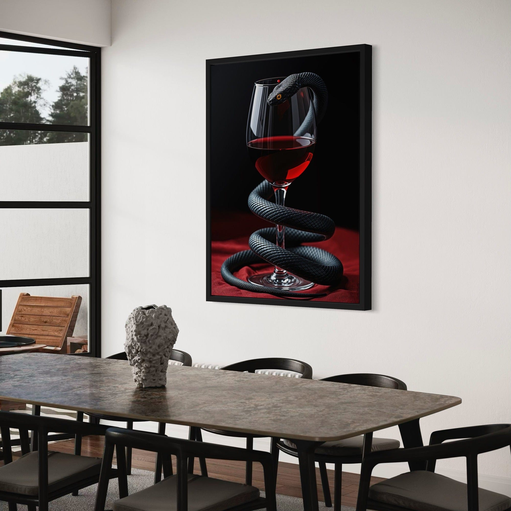 Side angle view of luxury dark aesthetic snake canvas wall decor
