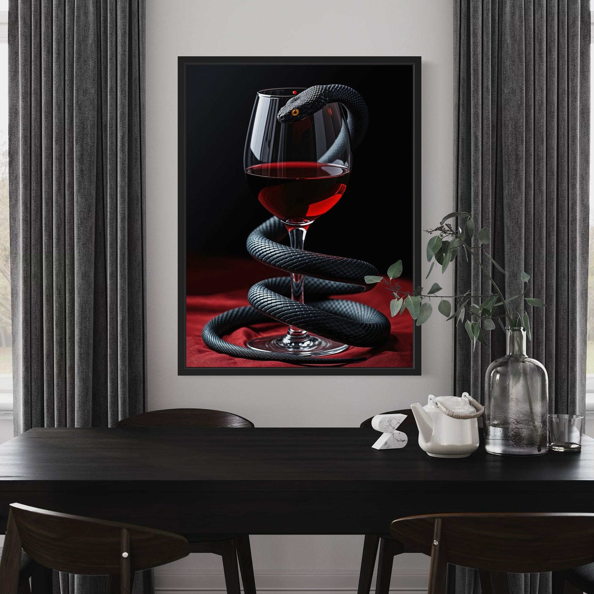 Detailed close up of wine glass reflections and reptile scale texture on canvas