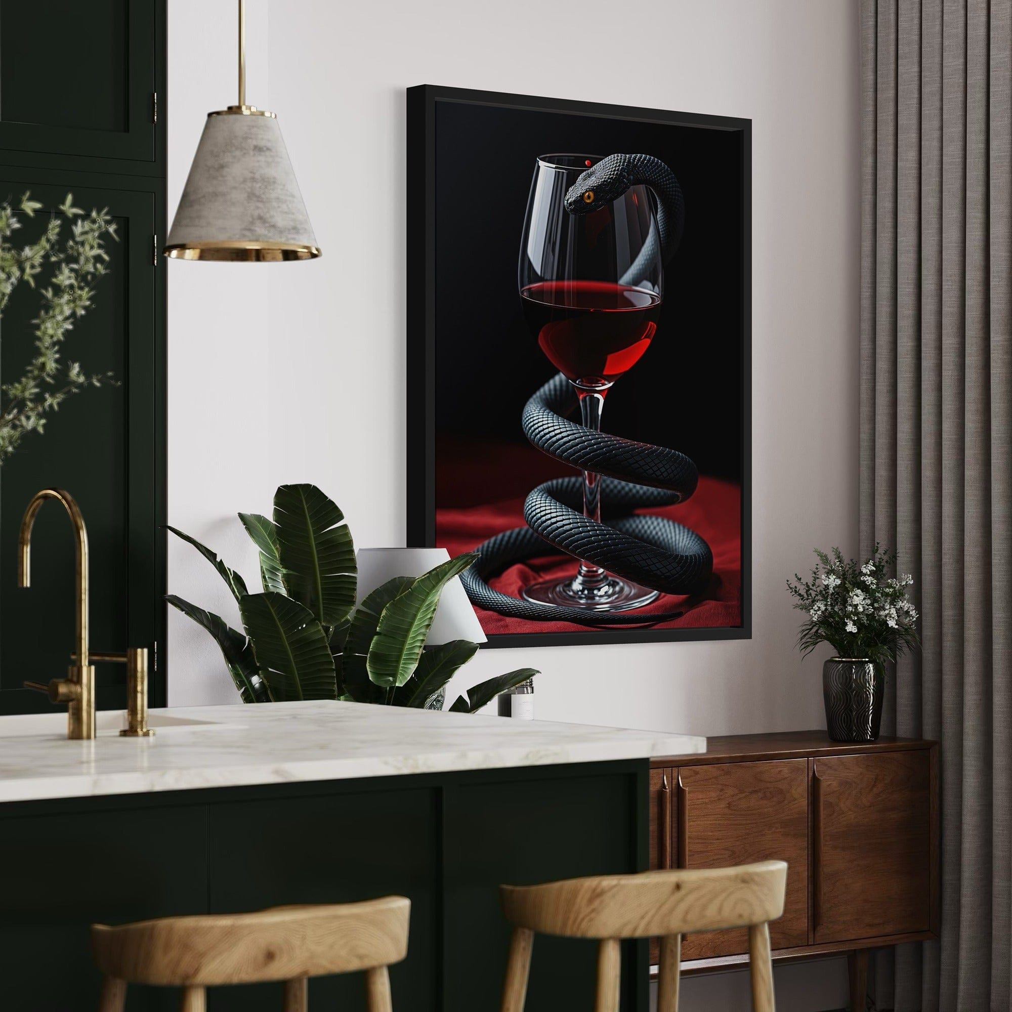 Large snake and wine canvas art showing scale above modern sofa setup