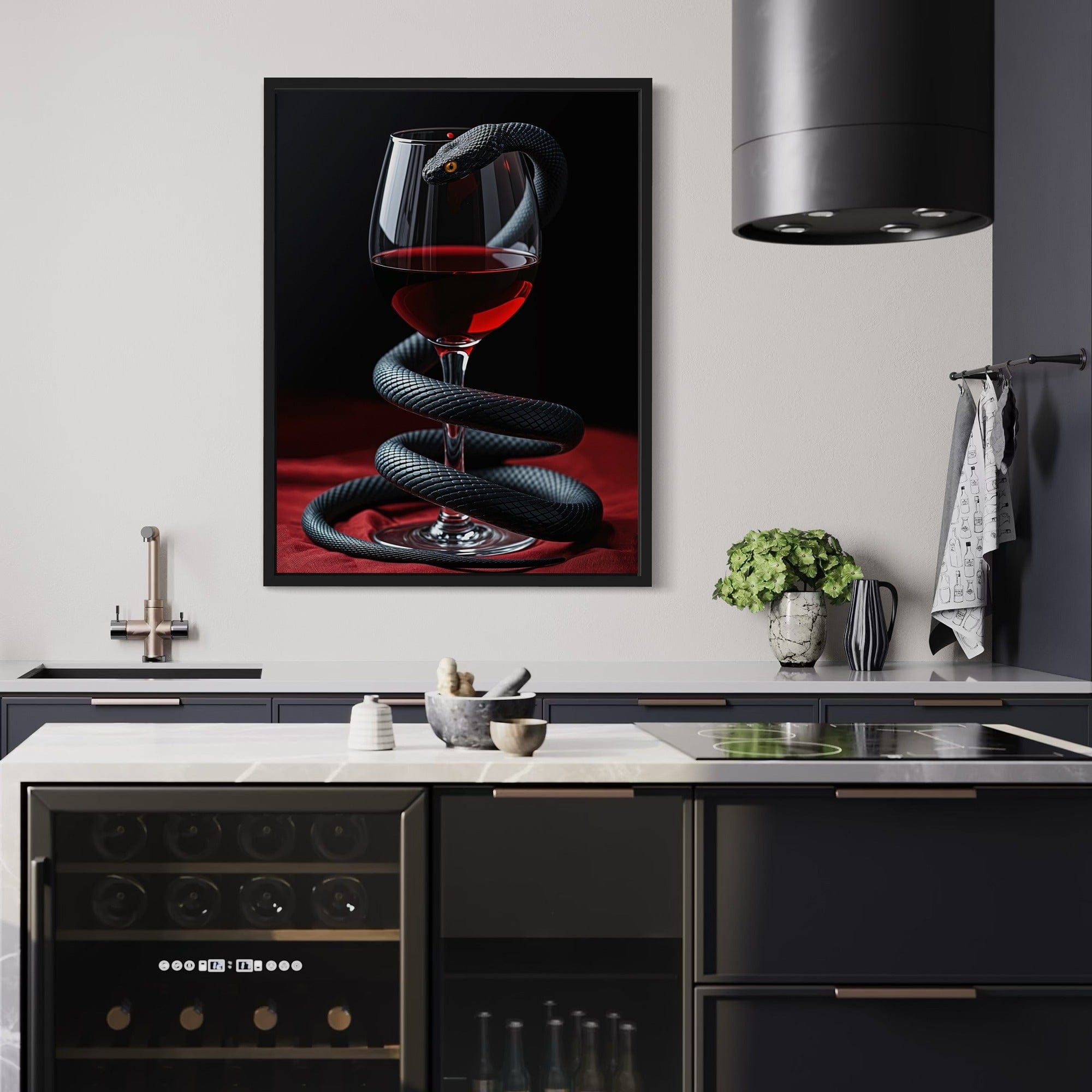 Dark luxury home bar interior mockup with snake wine wall decor