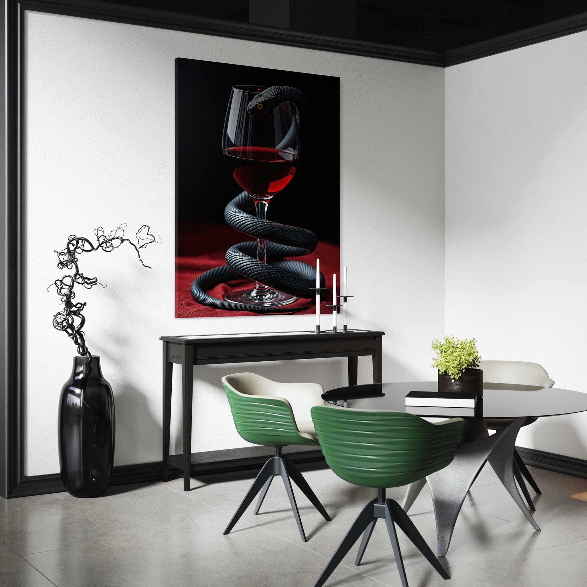 Moody aesthetic living room featuring gothic snake canvas artwork