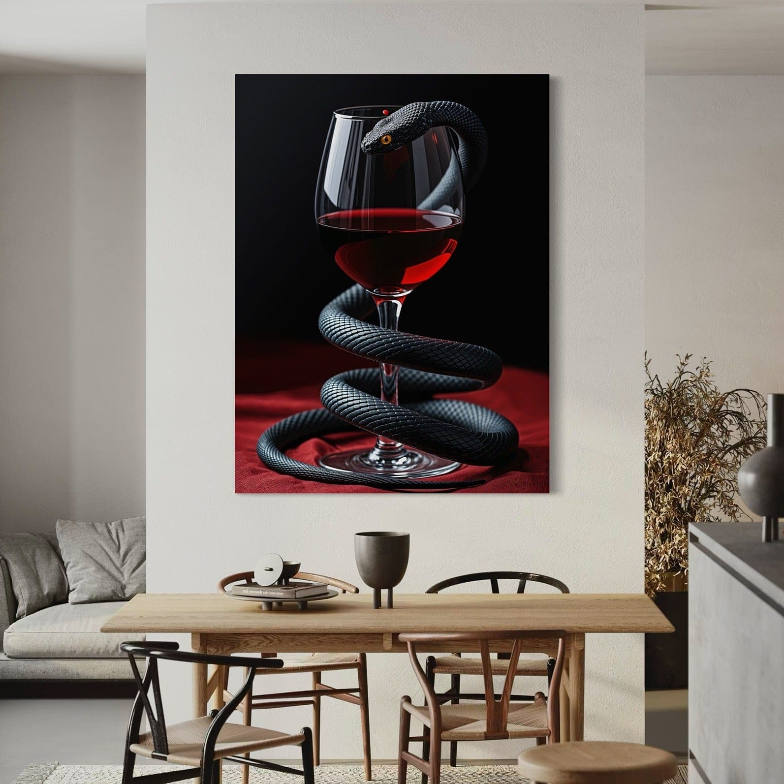 Schlange um Rotweinglas gewickelt Leinwand-Wandkunst zoll Esszimmer Interieur