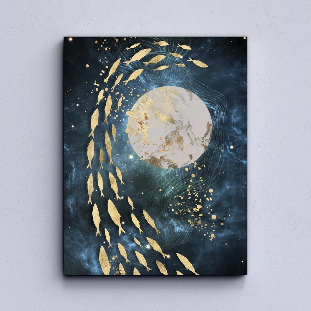 Abstraction Gold Fish And Birds Canvas