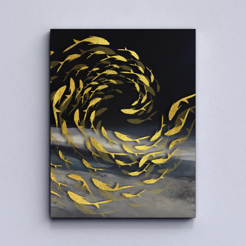 Abstraction Gold Fish And Birds Canvas