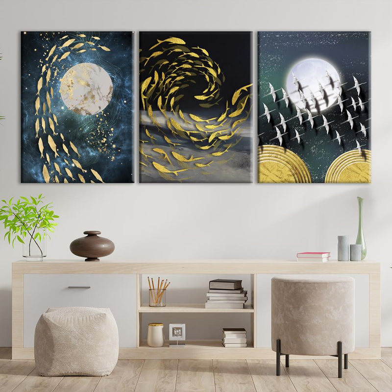 Abstraction Gold Fish And Birds Canvas