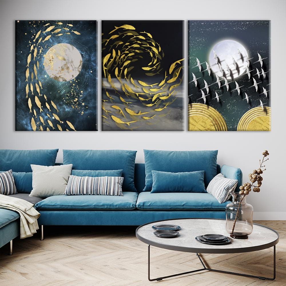 Abstraction Gold Fish And Birds Canvas