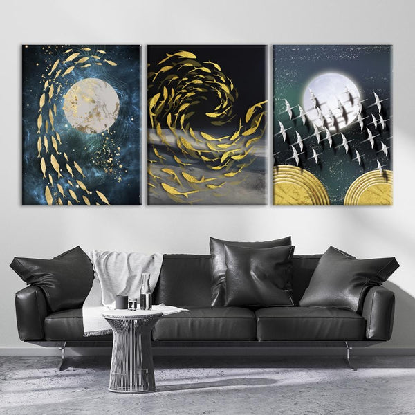 Abstraction Gold Fish And Birds Canvas