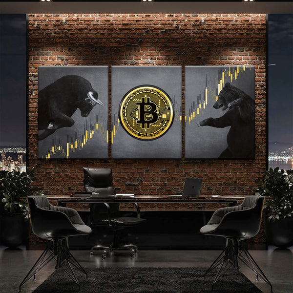Bitcoin Bull vs Bear 3-teilige Leinwand