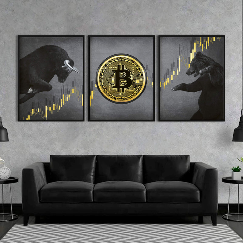 Bitcoin Bull vs Bear 3-teilige Leinwand
