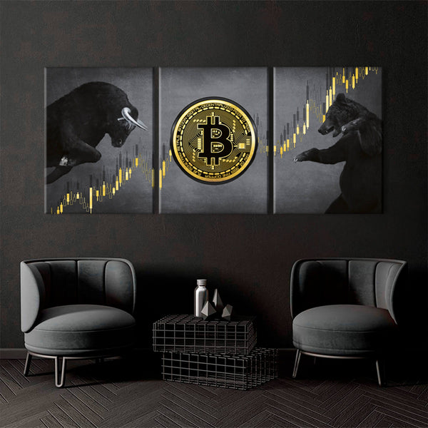 Toile 3 pièces Bitcoin Bull vs Bear