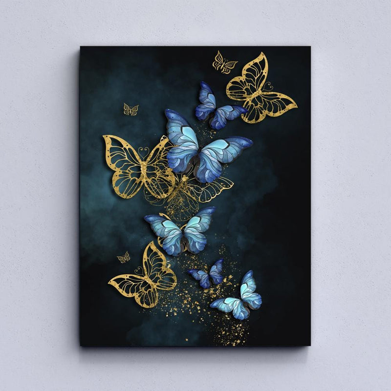 Moderne Leinwand mit Schmetterlingen in Blau und Gold