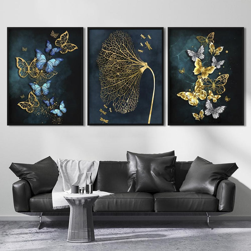 Moderne Leinwand mit Schmetterlingen in Blau und Gold